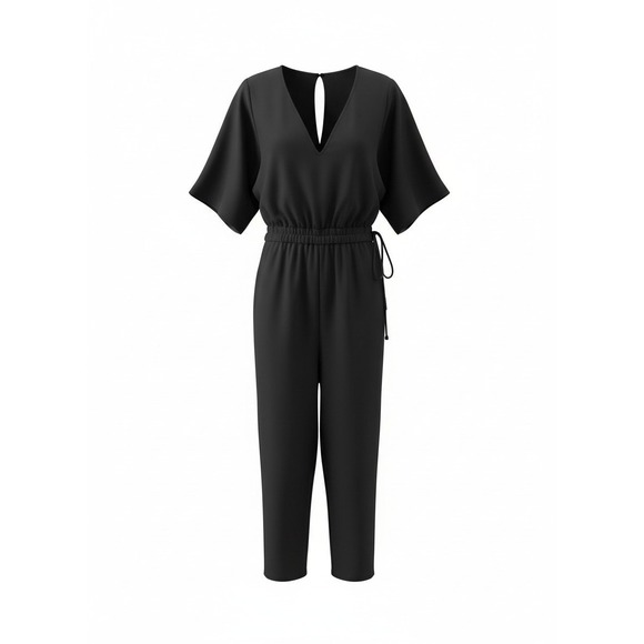 Zara Pants - Zara Black‎ Short Sleeve Open Back V-Neck Drawstring Waist Wide Leg Jumpsuit L